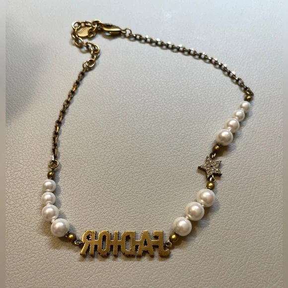 Christian Dior Metal Pearl Crystal J'Adior Choker Necklace Antique Gold womens - Picture 4 of 6